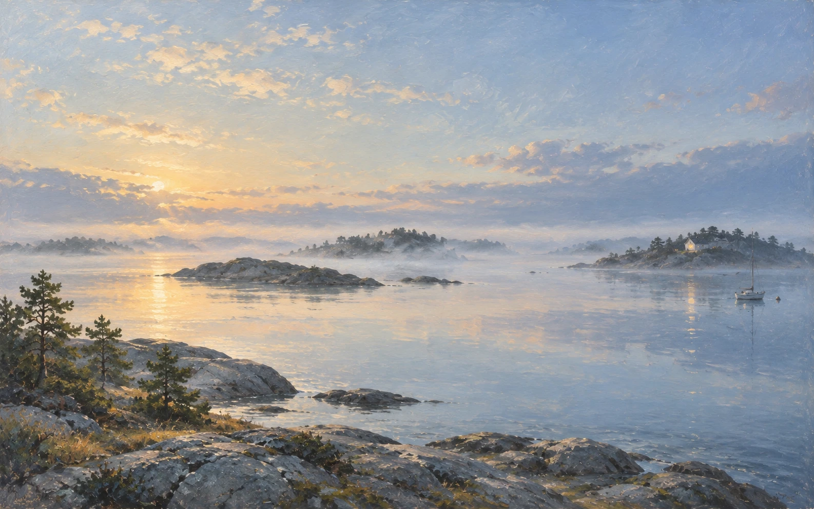 Painting of a Swedish archipelago at dawn: granite skerries and pines, fog lifting off still water, and one lit window on a distant island